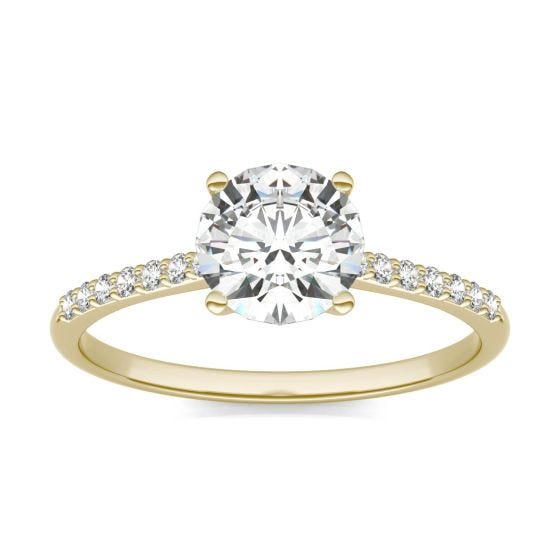 1.19 CTW DEW Round Forever One Moissanite Signature Side Stone Round Engagement Ring 14K Yellow Gold