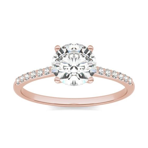 1.19 CTW DEW Round Forever One Moissanite Signature Side Stone Round Engagement Ring 14K Rose Gold