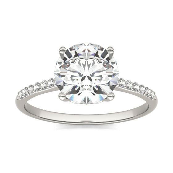 2.07 CTW DEW Round Forever One Moissanite Signature Side Stone Round Engagement Ring 14K White Gold