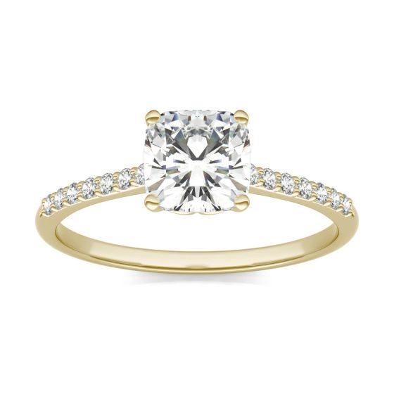 1.16 CTW DEW Cushion Forever One Moissanite Signature Cushion Side Stone Engagement Ring 14K Yellow Gold