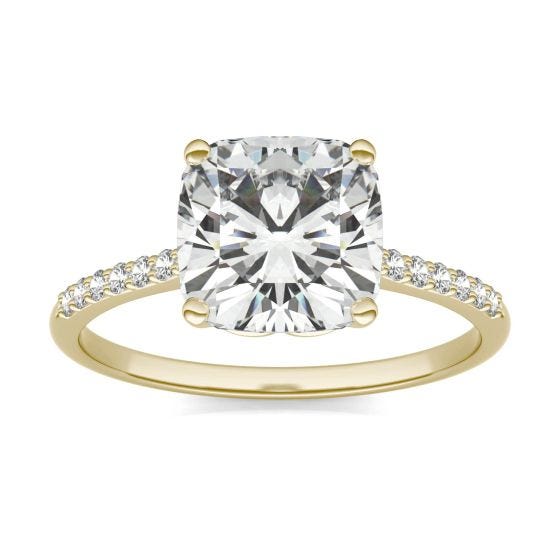 2.43 CTW DEW Cushion Forever One Moissanite Signature Cushion Side Stone Engagement Ring 14K Yellow Gold