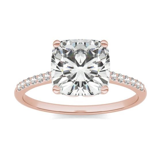 2.43 CTW DEW Cushion Forever One Moissanite Signature Cushion Side Stone Engagement Ring 14K Rose Gold