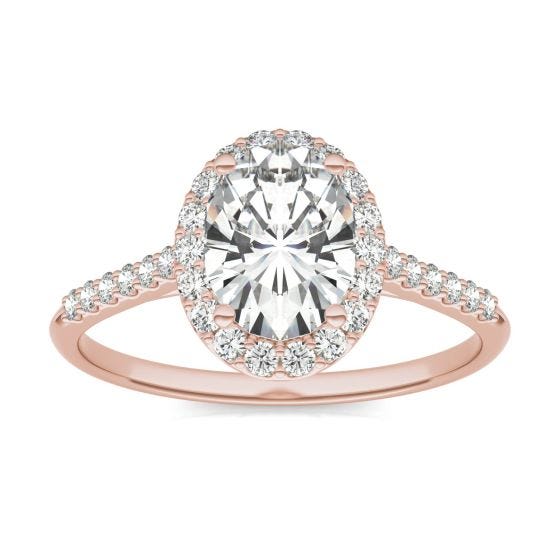 1.83 CTW DEW Oval Forever One Moissanite Signature Halo with Side Accents Engagement Ring 14K Rose Gold