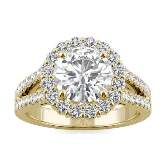 2.62 CTW DEW Round Forever One Moissanite Signature Halo Split Shank Engagement Ring 14K Yellow Gold