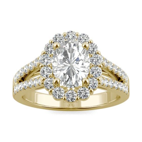 2.14 CTW DEW Oval Forever One Moissanite Signature Halo Split Shank Engagement Ring 14K Yellow Gold