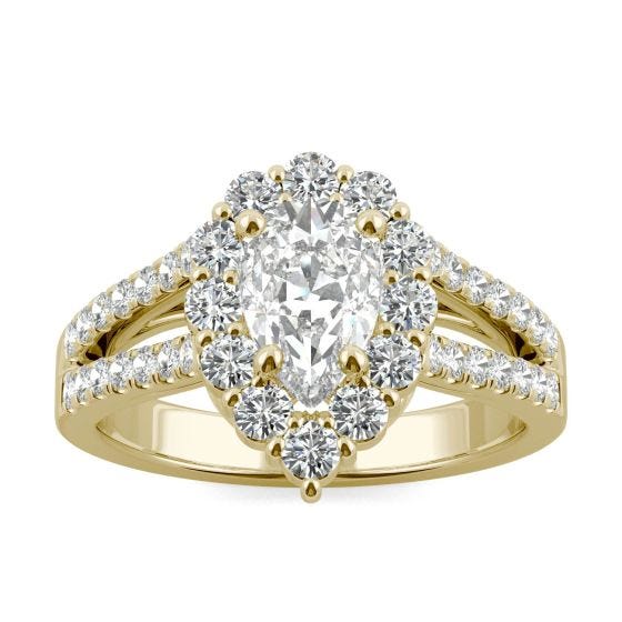 1.66 CTW DEW Pear Forever One Moissanite Signature Halo Split Shank Engagement Ring 14K Yellow Gold