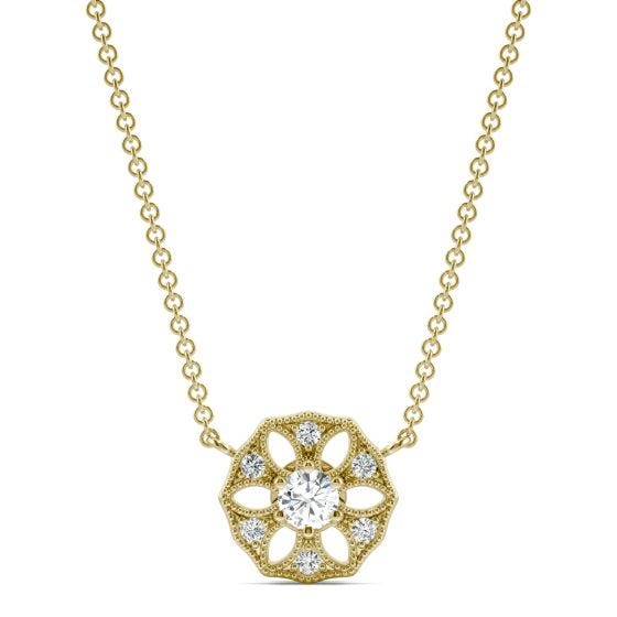 0.16 CTW DEW Round Forever One Moissanite Signature Filigree Necklace 14K Yellow Gold