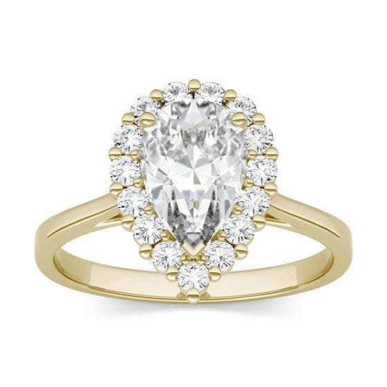 1.80 CTW DEW Pear Forever One Moissanite Halo Engagement Ring 14K Yellow Gold