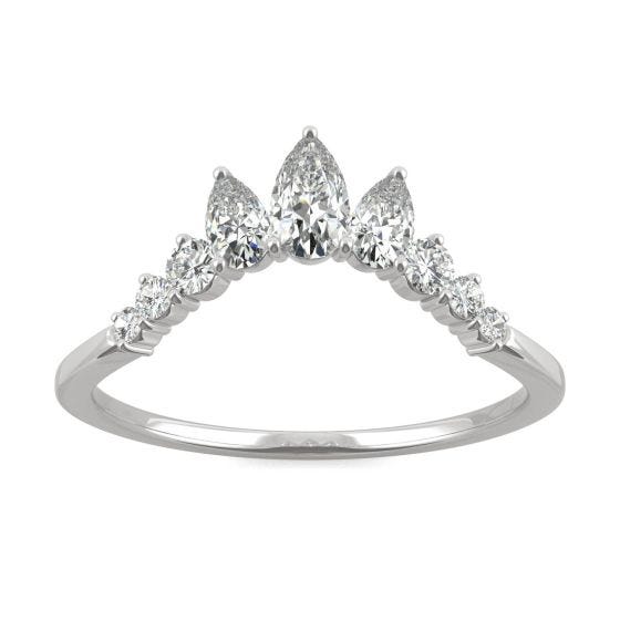 0.58 CTW DEW Pear Forever One Moissanite Curved with Pear Accents Ring 14K White Gold