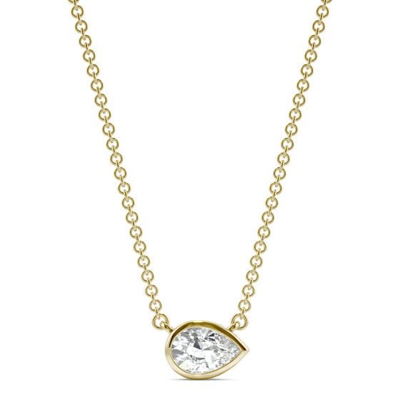 0.44 CTW DEW Pear Forever One Moissanite Signature Bezel Necklace 14K Yellow Gold