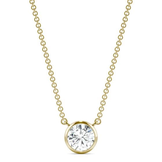 0.81 CTW DEW Round Forever One Moissanite Signature Bezel Necklace 14K Yellow Gold