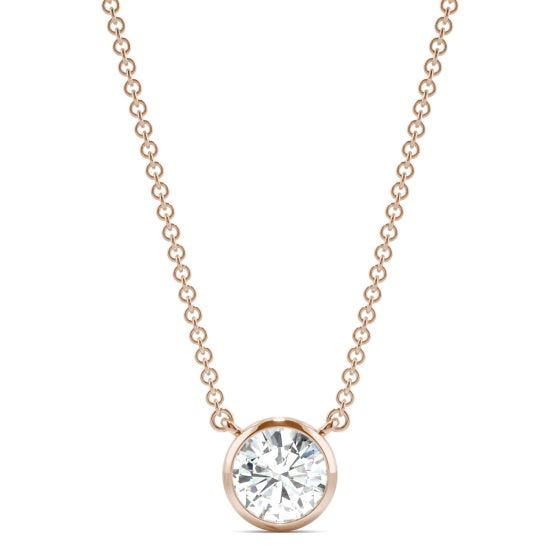0.81 CTW DEW Round Forever One Moissanite Signature Bezel Necklace 14K Rose Gold