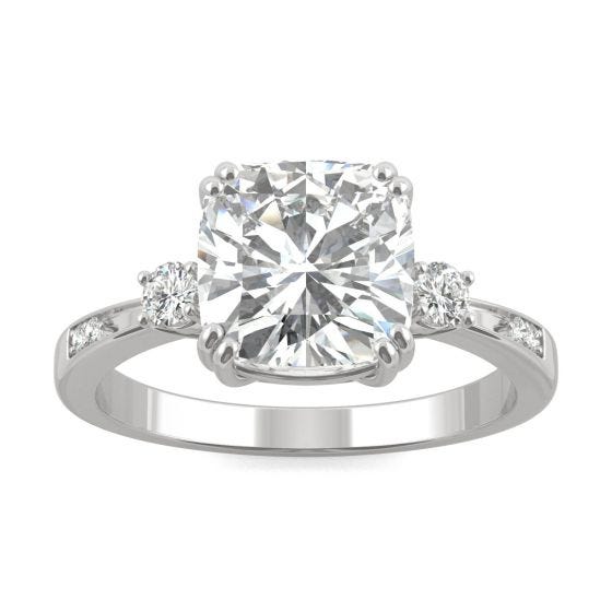 2.54 CTW DEW Cushion Forever One Moissanite Solitaire with Side Accents Engagement Ring 14K White Gold