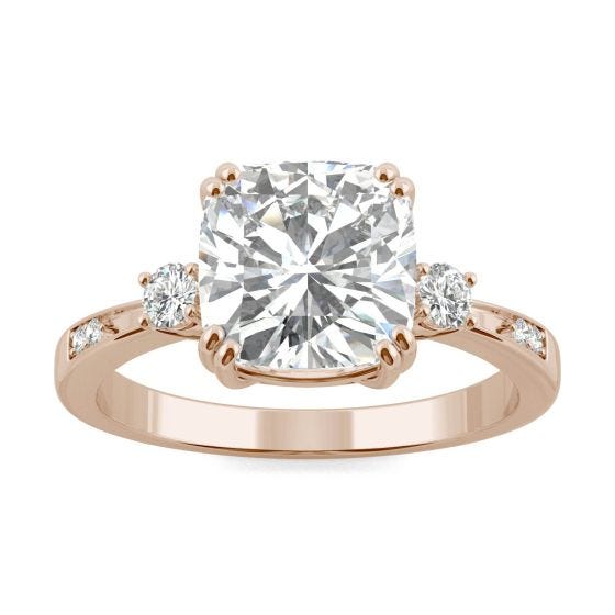 2.54 CTW DEW Cushion Forever One Moissanite Solitaire with Side Accents Engagement Ring 14K Rose Gold
