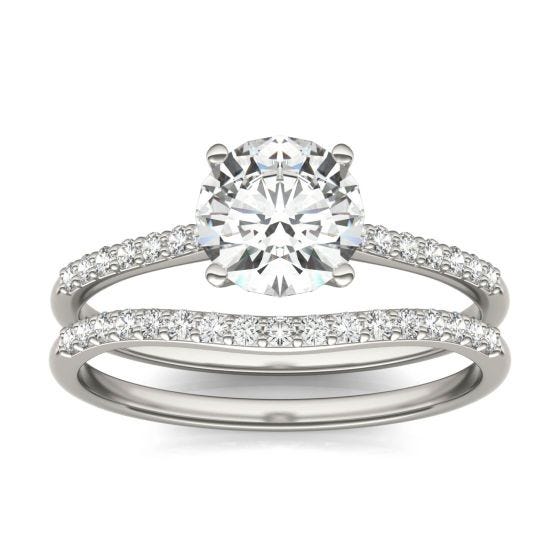 1.36 CTW DEW Round Forever One Moissanite Signature Bridal Set Round with Side Stones Ring 14K White Gold
