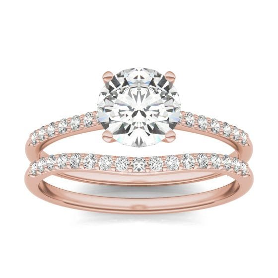 1.36 CTW DEW Round Forever One Moissanite Signature Bridal Set Round with Side Stones Ring 14K Rose Gold