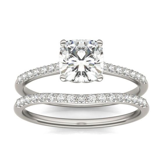 1.33 CTW DEW Cushion Forever One Moissanite Signature Bridal Set Cushion with Side Stones Ring 14K White Gold