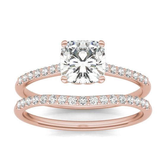 1.33 CTW DEW Cushion Forever One Moissanite Signature Bridal Set Cushion with Side Stones Ring 14K Rose Gold