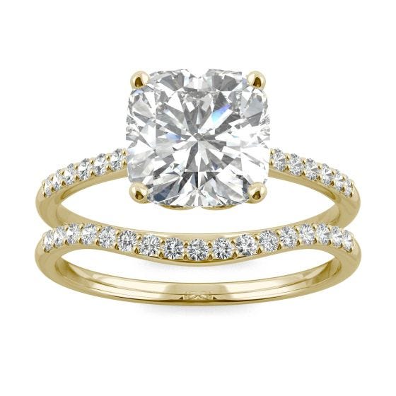 2.60 CTW DEW Cushion Forever One Moissanite Signature Bridal Set Cushion with Side Stones Ring 14K Yellow Gold