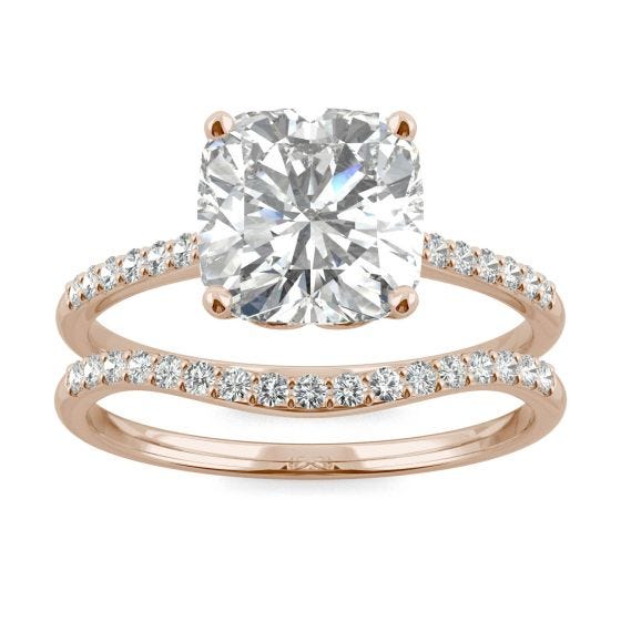 2.60 CTW DEW Cushion Forever One Moissanite Signature Bridal Set Cushion with Side Stones Ring 14K Rose Gold
