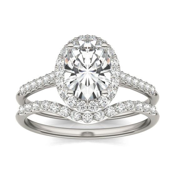1.96 CTW DEW Oval Forever One Moissanite Signature Bridal Set with Side Stones Ring 14K White Gold