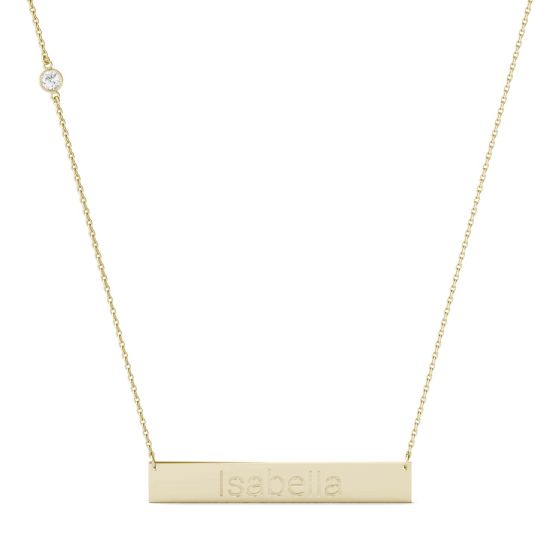 0.10 CTW DEW Round Forever One Moissanite Personalized Block Name Bar Necklace 14K Yellow Gold