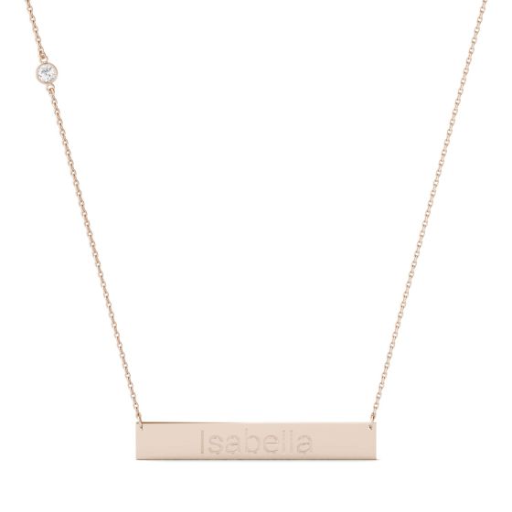 0.10 CTW DEW Round Forever One Moissanite Personalized Block Name Bar Necklace 14K Rose Gold
