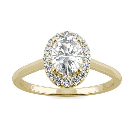 1.07 CTW DEW Oval Forever One Moissanite Signature Halo Engagement Ring 14K Yellow Gold