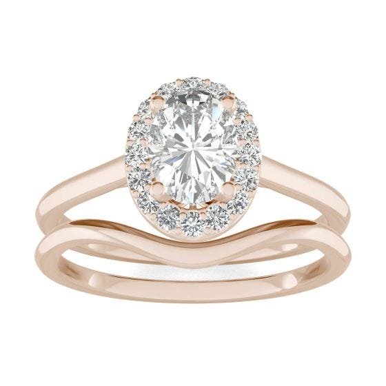 1.07 CTW DEW Oval Forever One Moissanite Signature Halo Bridal Set Ring 14K Rose Gold