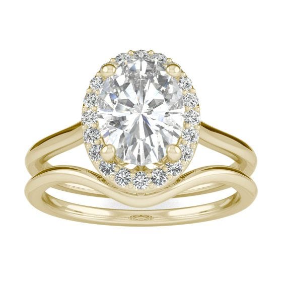 2.31 CTW DEW Oval Forever One Moissanite Signature Halo Bridal Set Ring 14K Yellow Gold