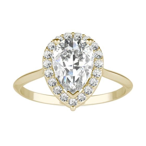1.71 CTW DEW Pear Forever One Moissanite Signature Halo Engagement Ring 14K Yellow Gold