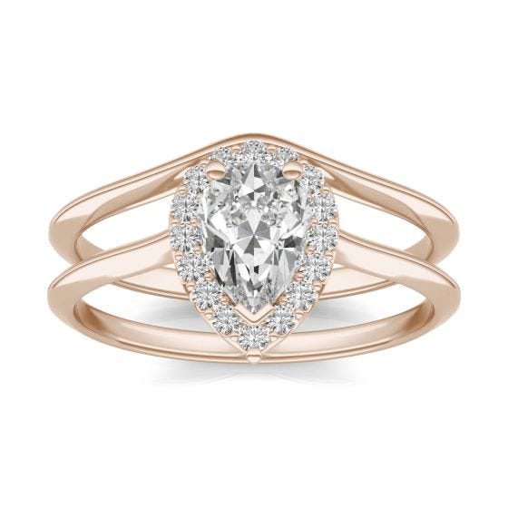 1.12 CTW DEW Pear Forever One Moissanite Signature Halo Bridal Set Ring 14K Rose Gold