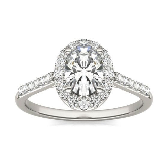 1.19 CTW DEW Oval Forever One Moissanite Signature Halo with Side Accents Engagement Ring 14K White Gold