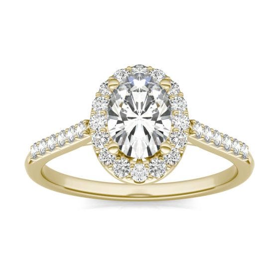 1.19 CTW DEW Oval Forever One Moissanite Signature Halo with Side Accents Engagement Ring 14K Yellow Gold