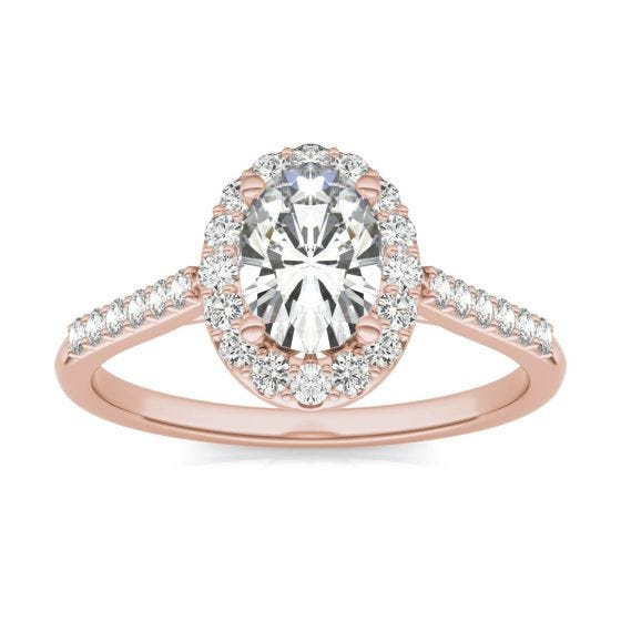 1.19 CTW DEW Oval Forever One Moissanite Signature Halo with Side Accents Engagement Ring 14K Rose Gold