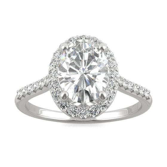 2.57 CTW DEW Oval Forever One Moissanite Signature Halo with Side Accents Engagement Ring 14K White Gold