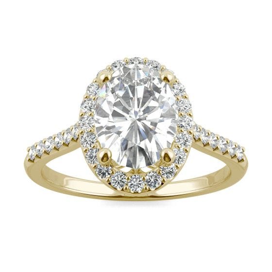 2.57 CTW DEW Oval Forever One Moissanite Signature Halo with Side Accents Engagement Ring 14K Yellow Gold