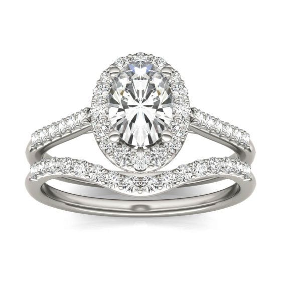 1.35 CTW DEW Oval Forever One Moissanite Signature Bridal Set with Side Stones Ring 14K White Gold