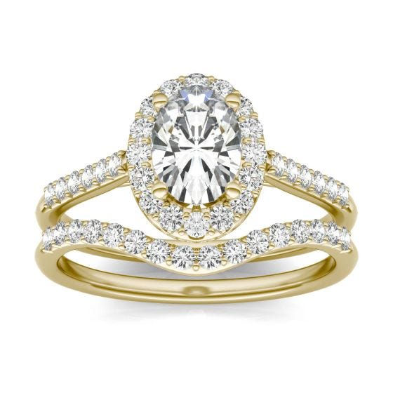 1.35 CTW DEW Oval Forever One Moissanite Signature Bridal Set with Side Stones Ring 14K Yellow Gold