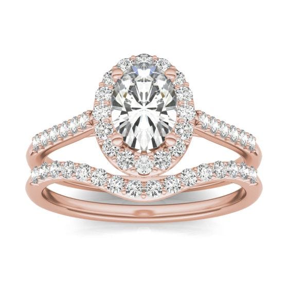 1.35 CTW DEW Oval Forever One Moissanite Signature Bridal Set with Side Stones Ring 14K Rose Gold