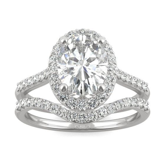 2.60 CTW DEW Oval Forever One Moissanite Signature Bridal Set with Side Stones Ring 14K White Gold
