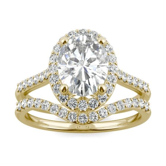 2.60 CTW DEW Oval Forever One Moissanite Signature Bridal Set with Side Stones Ring 14K Yellow Gold