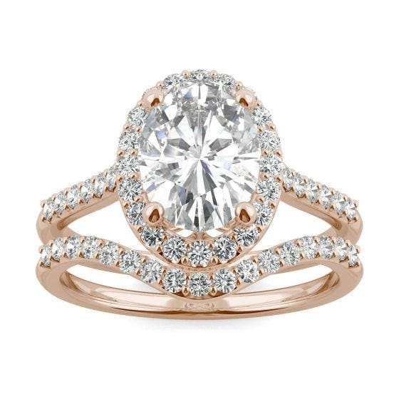 2.60 CTW DEW Oval Forever One Moissanite Signature Bridal Set with Side Stones Ring 14K Rose Gold