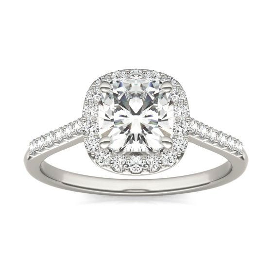 1.60 CTW DEW Cushion Forever One Moissanite Signature Halo with Side Stones Ring 14K White Gold