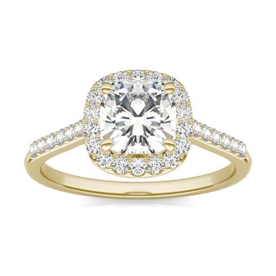 1.60 CTW DEW Cushion Forever One Moissanite Signature Halo with Side Stones Ring 14K Yellow Gold