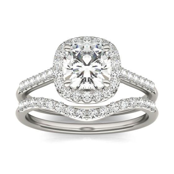 1.76 CTW DEW Cushion Forever One Moissanite Signature Halo with Sides Bridal Ring 14K White Gold