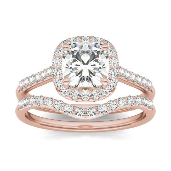 1.76 CTW DEW Cushion Forever One Moissanite Signature Halo with Sides Bridal Ring 14K Rose Gold