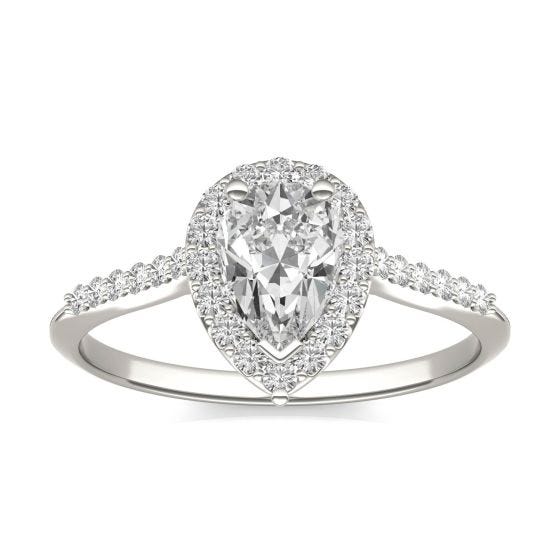 1.24 CTW DEW Pear Forever One Moissanite Signature Halo with Side Stones Engagement Ring 14K White Gold