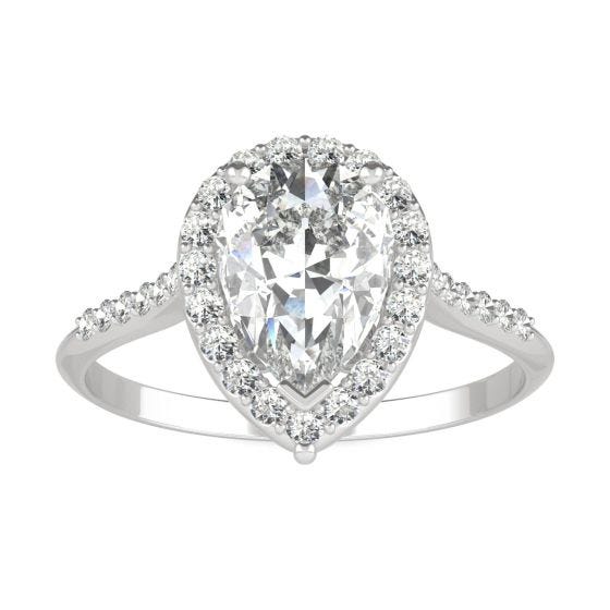 1.83 CTW DEW Pear Forever One Moissanite Signature Halo with Side Stones Engagement Ring 14K White Gold