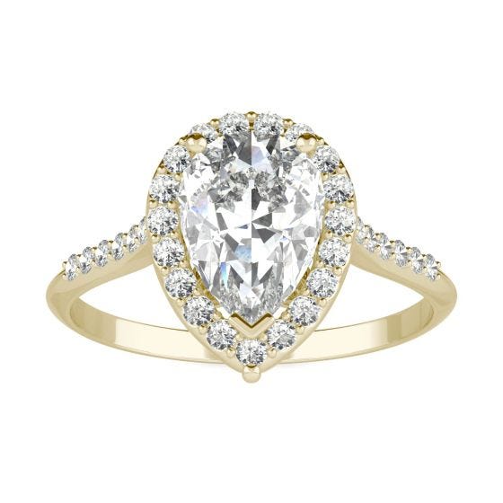 1.83 CTW DEW Pear Forever One Moissanite Signature Halo with Side Stones Engagement Ring 14K Yellow Gold